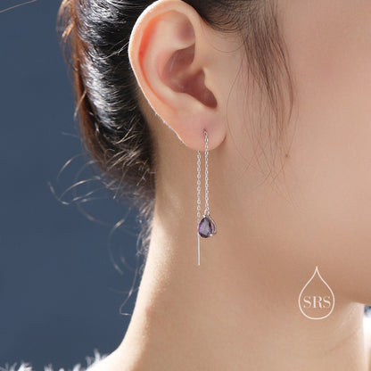 Amethyst Purple Droplet Threader Earrings in Sterling Silver, Silver or Gold, Pear Cut CZ Long Ear Threaders, Sparkly CZ Threaders