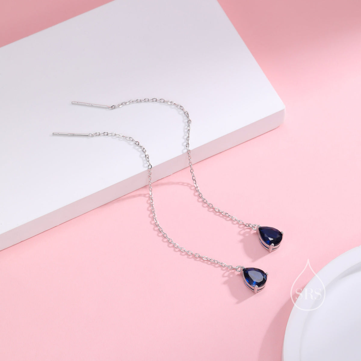 Sapphire Blue CZ Droplet Threader Earrings in Sterling Silver, Silver or Gold, Pear Cut CZ Long Ear Threaders, Sparkly CZ Threaders