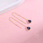 Sapphire Blue CZ Droplet Threader Earrings in Sterling Silver, Silver or Gold, Pear Cut CZ Long Ear Threaders, Sparkly CZ Threaders