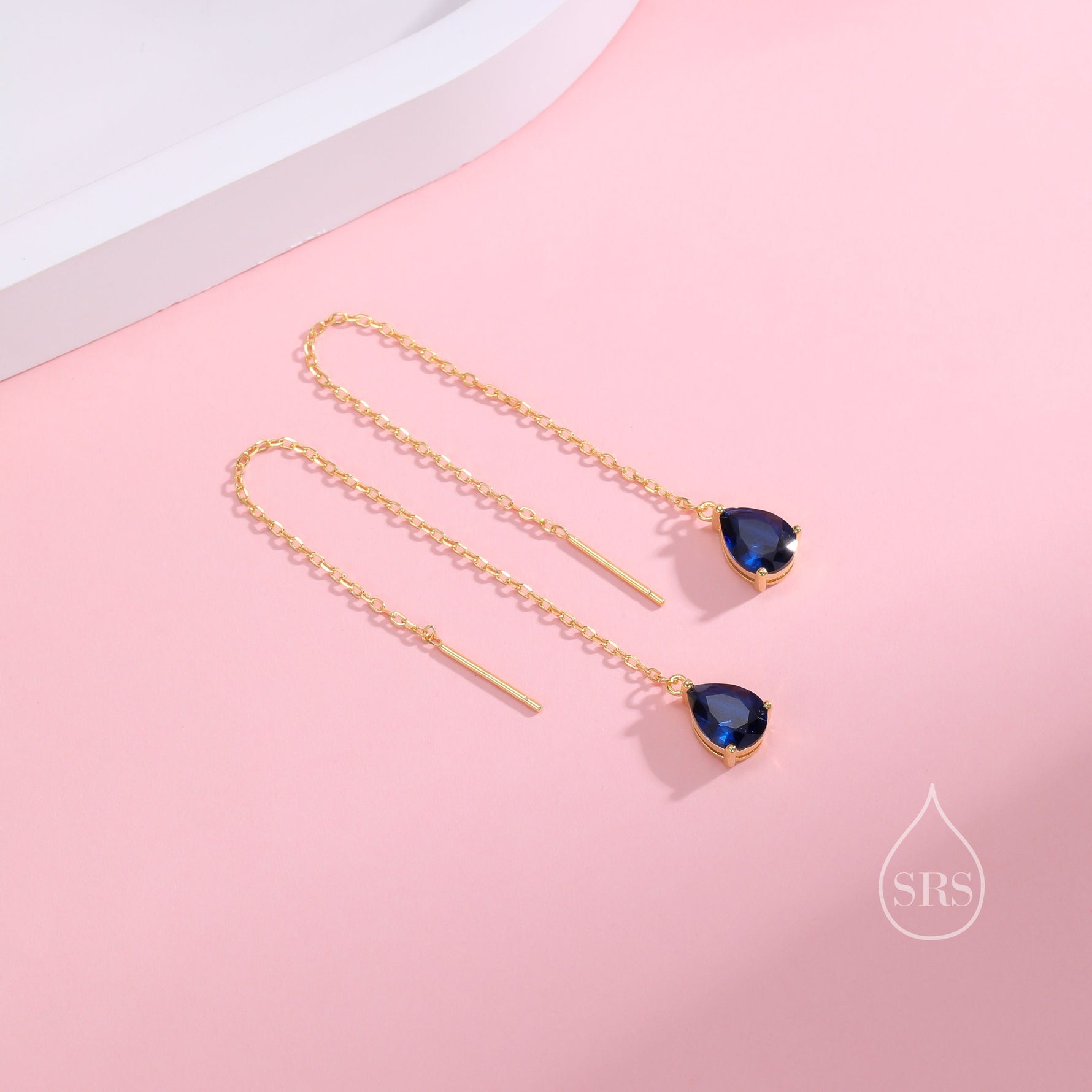 Sapphire Blue CZ Droplet Threader Earrings in Sterling Silver, Silver or Gold, Pear Cut CZ Long Ear Threaders, Sparkly CZ Threaders