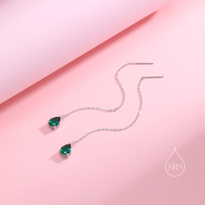 Emerald Green Droplet CZ Threader Earrings in Sterling Silver, Silver or Gold,  Pear Cut CZ Long Ear Threaders, Sparkly CZ Threaders