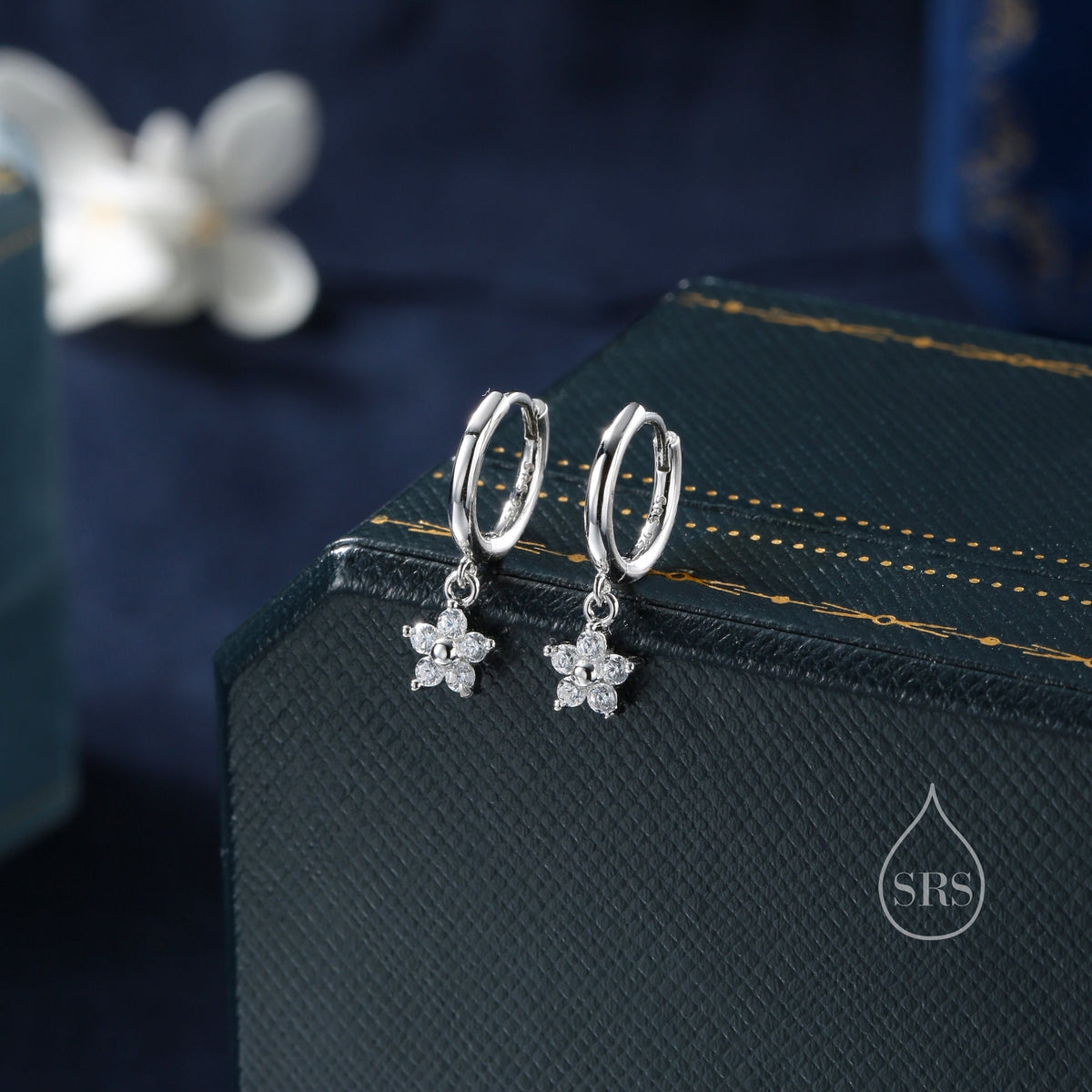 Extra Tiny CZ Flower Huggie Hoop Earrings in Sterling Silver, Silver or Gold or Rose Gold, CZ Flower Earrings, Small CZ Flower Huggies