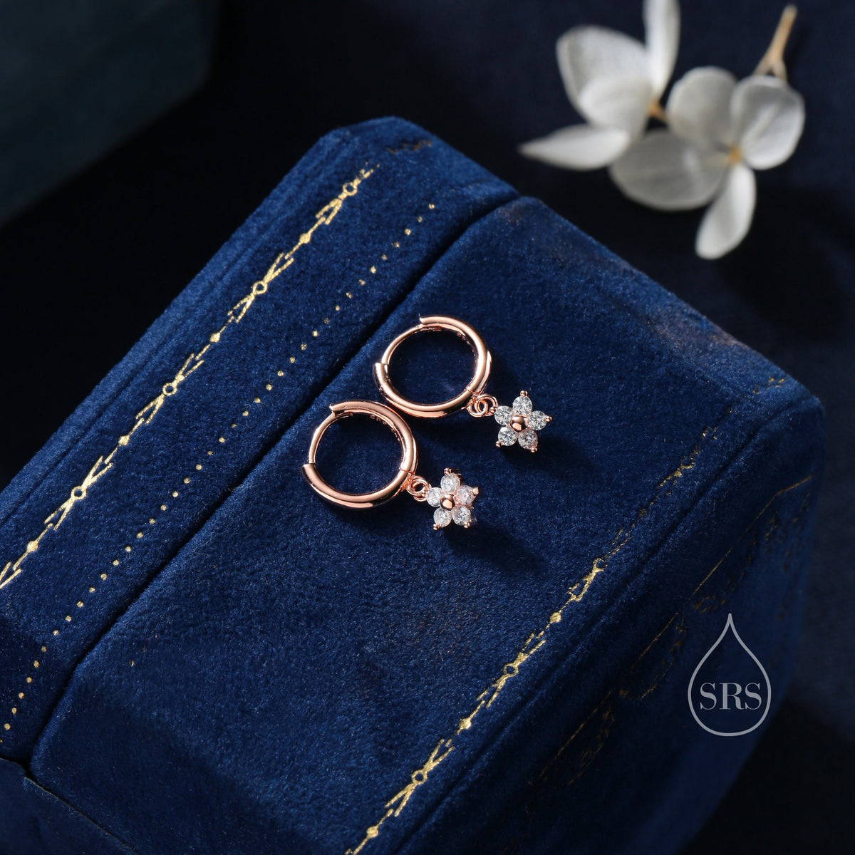 Extra Tiny CZ Flower Huggie Hoop Earrings in Sterling Silver, Silver or Gold or Rose Gold, CZ Flower Earrings, Small CZ Flower Huggies