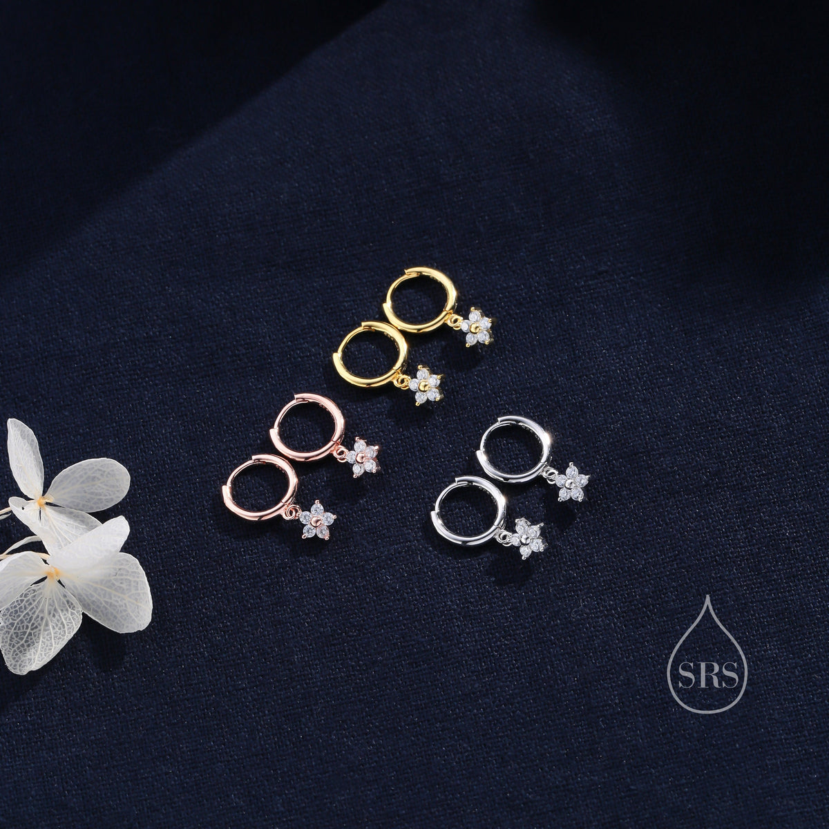 Extra Tiny CZ Flower Huggie Hoop Earrings in Sterling Silver, Silver or Gold or Rose Gold, CZ Flower Earrings, Small CZ Flower Huggies