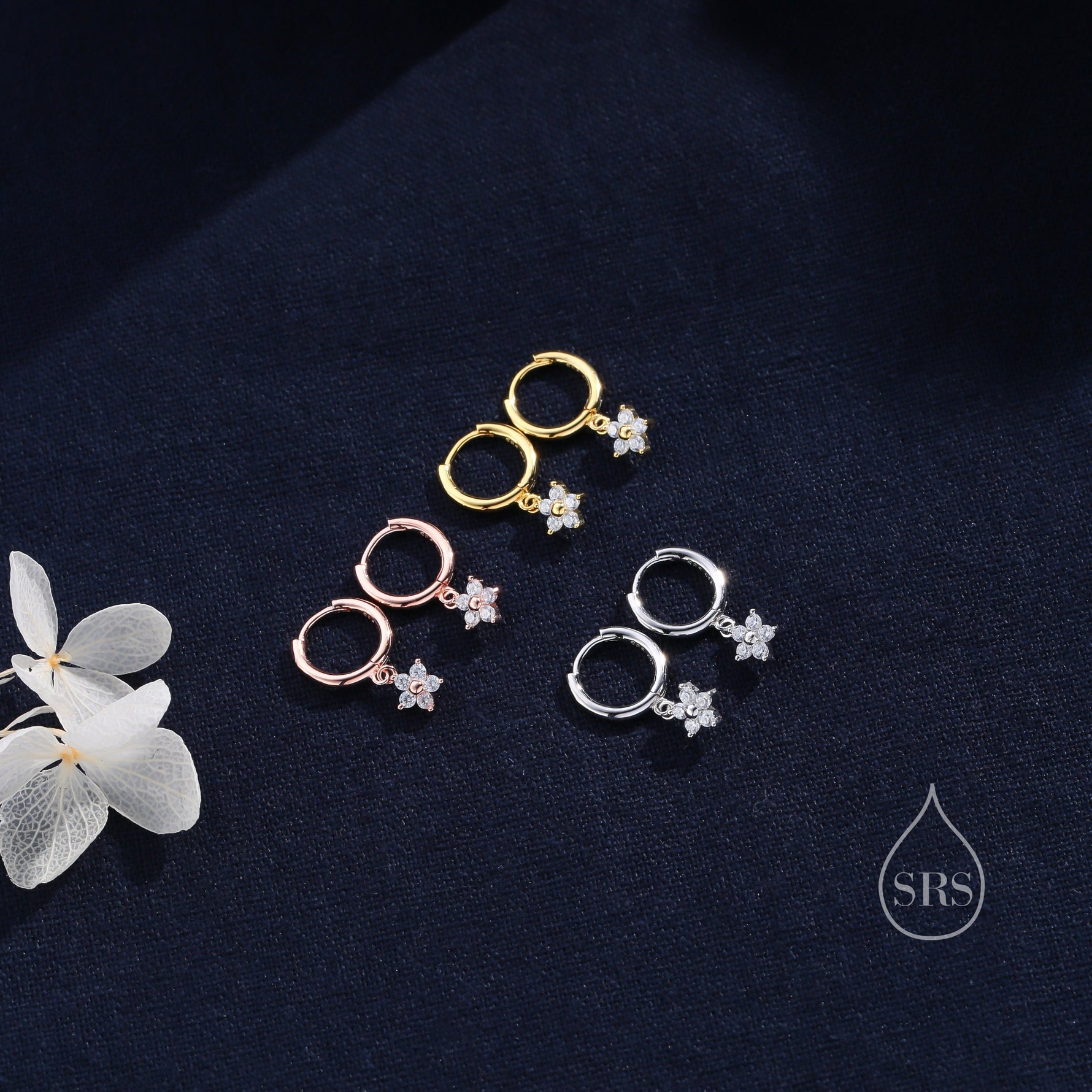 Extra Tiny CZ Flower Huggie Hoop Earrings in Sterling Silver, Silver or Gold or Rose Gold, CZ Flower Earrings, Small CZ Flower Huggies