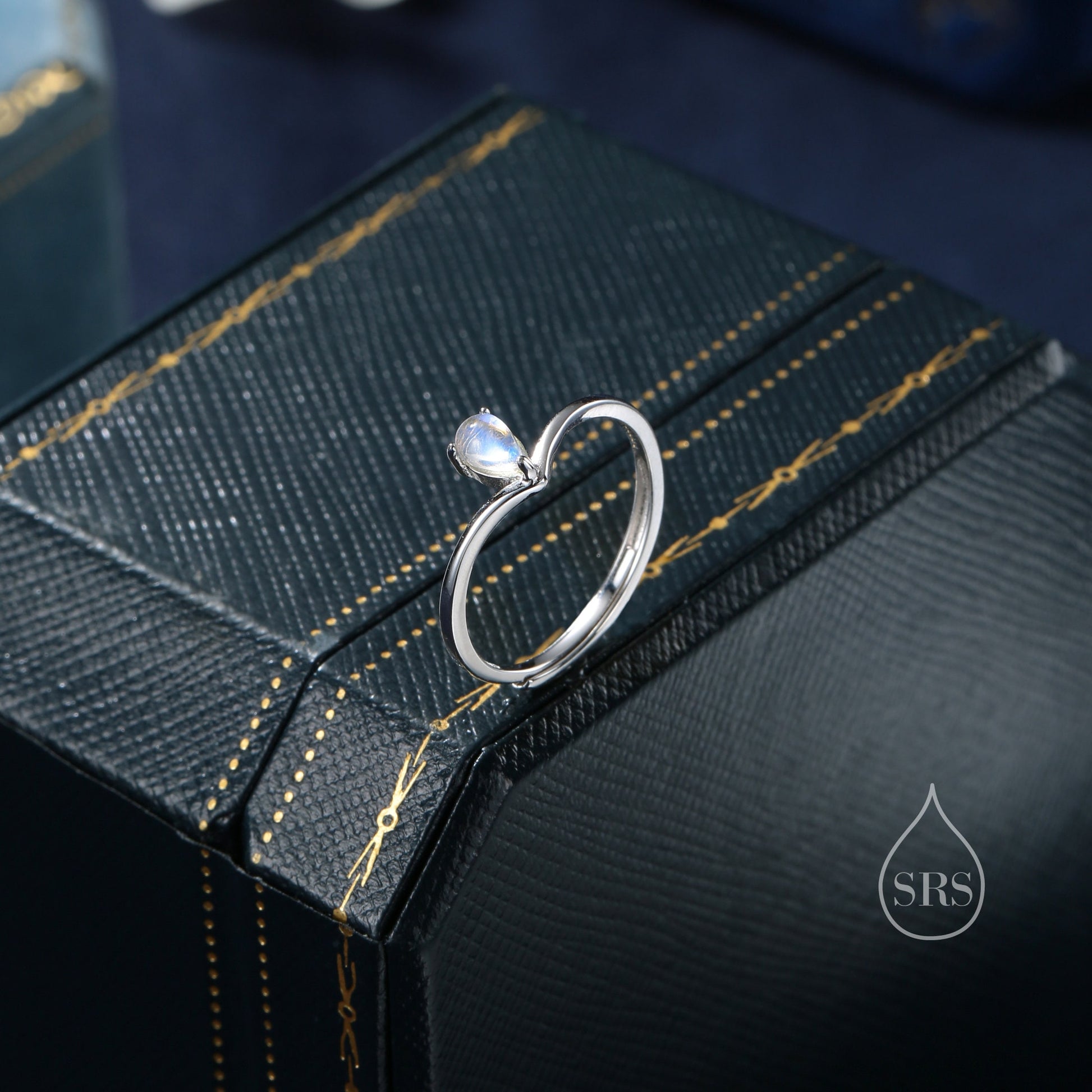 Minimalist Moonstone Droplet V Ring in Sterling Silver, Adjustable Size Prong Set Lab Moonstone Ring, Chevron Ring, Simulated Moonstone Ring