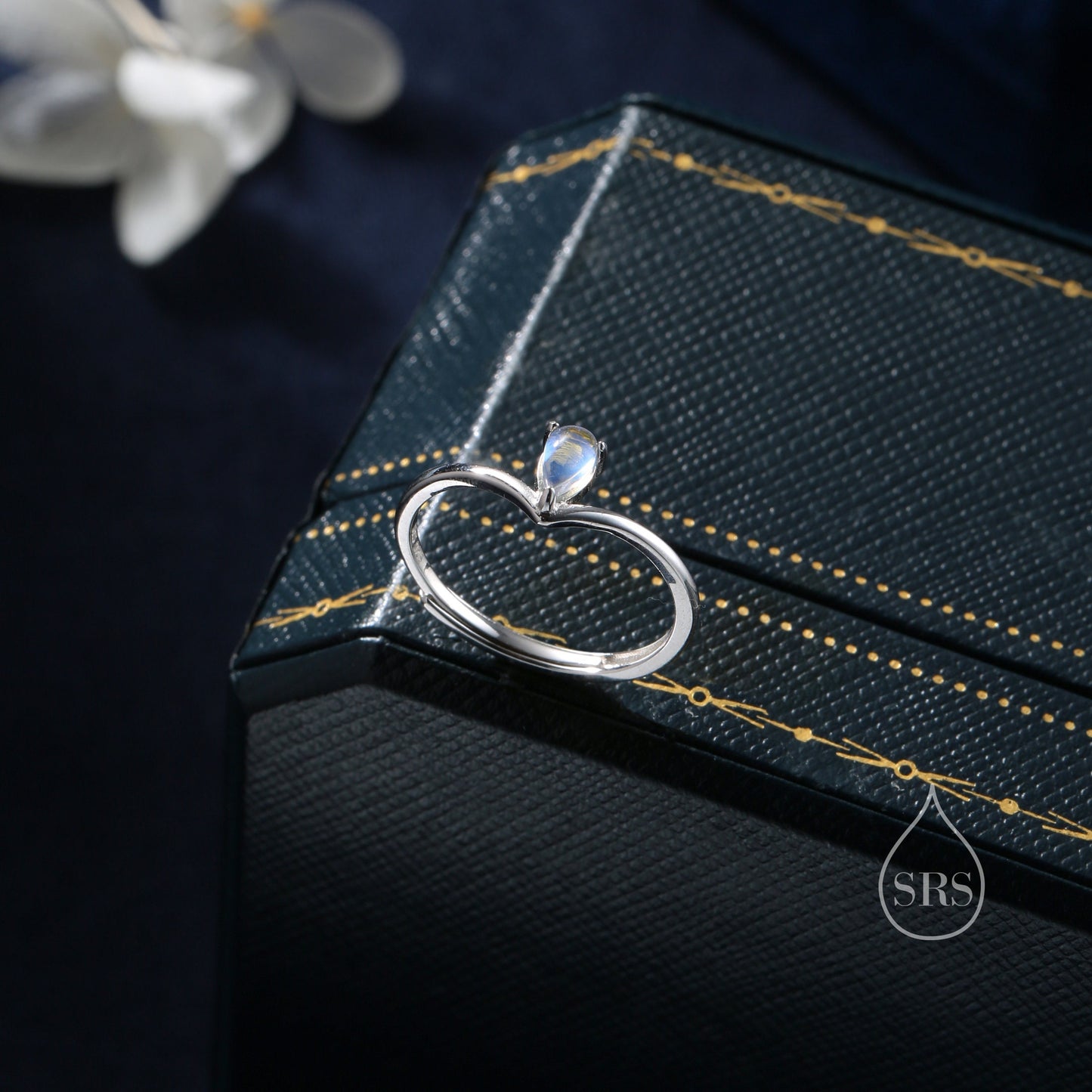 Minimalist Moonstone Droplet V Ring in Sterling Silver, Adjustable Size Prong Set Lab Moonstone Ring, Chevron Ring, Simulated Moonstone Ring