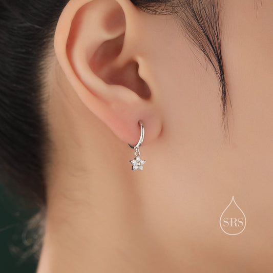 Extra Tiny CZ Flower Huggie Hoop Earrings in Sterling Silver, Silver or Gold or Rose Gold, CZ Flower Earrings, Small CZ Flower Huggies