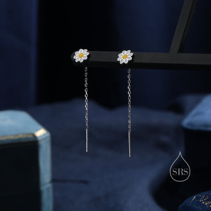 Enamel Daisy Chain Threader Earrings in Sterling Silver, Daisy Flower with a Pull Through Dangle Chain Earrings,  Flower Chain Earrings