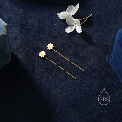 Enamel Daisy Chain Threader Earrings in Sterling Silver, Daisy Flower with a Pull Through Dangle Chain Earrings,  Flower Chain Earrings