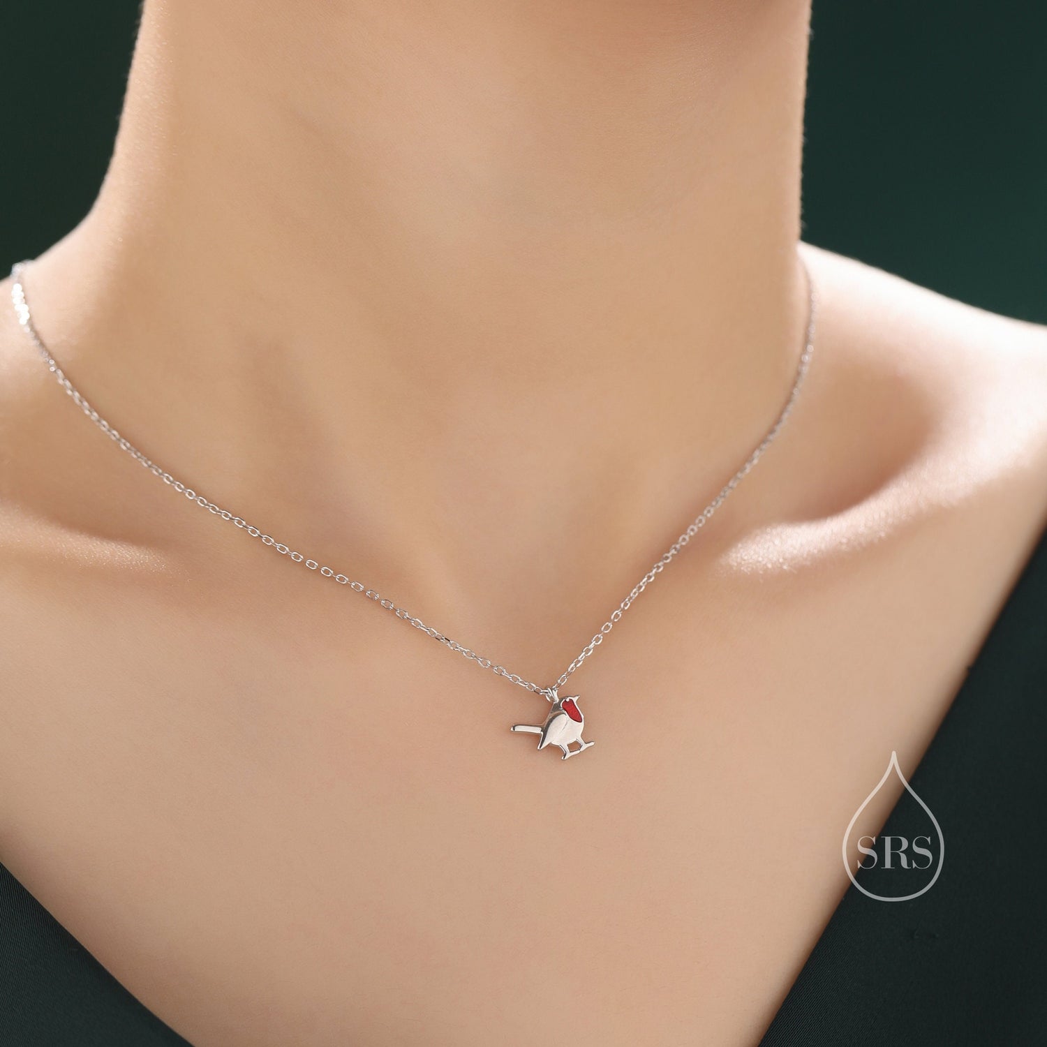 Tiny Robin Bird Pendant Necklace in Sterling Silver with Enamel, Silver Robin Pendant, Nature Inspired Jewellery, Bird Necklace