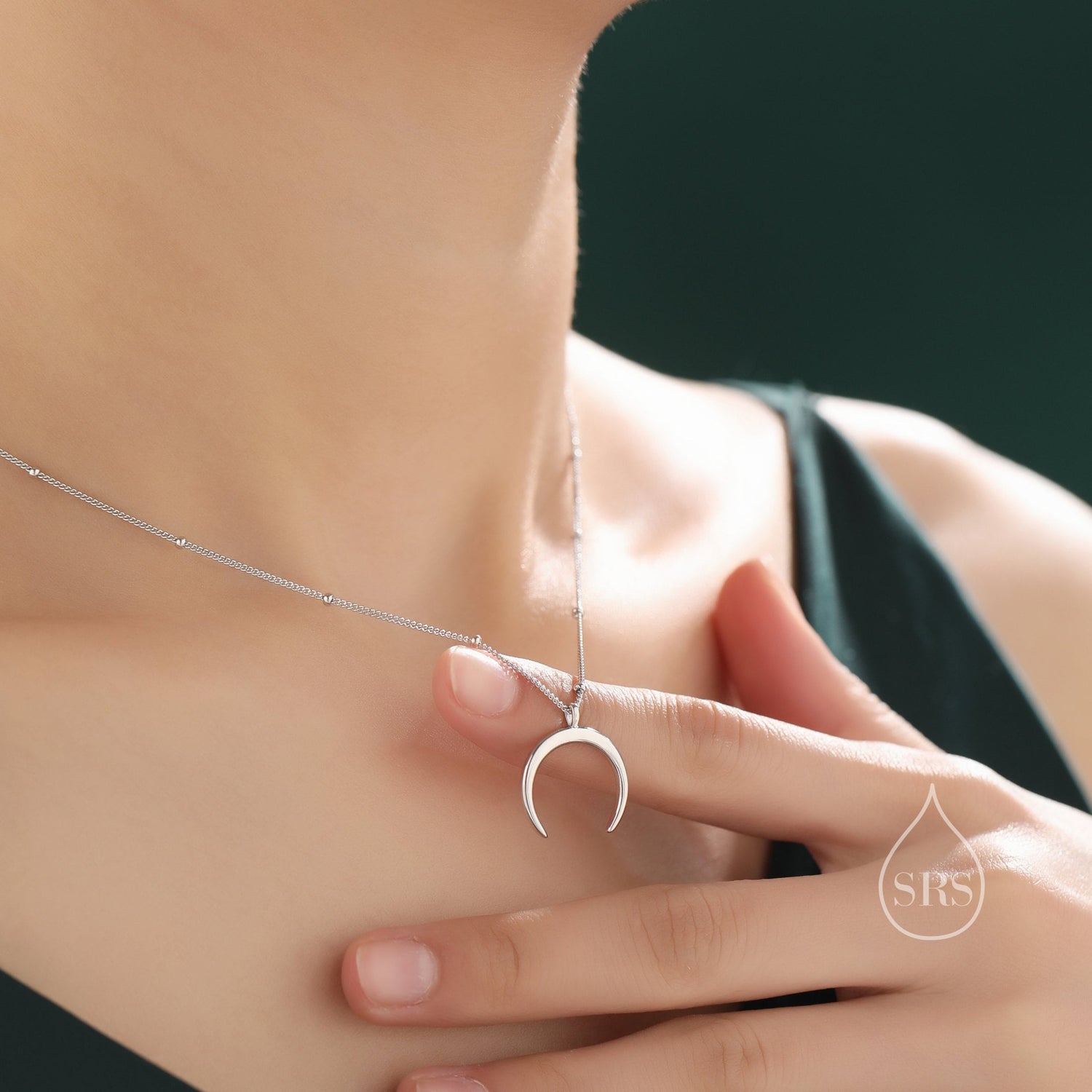 Crescent Moon Pendant Necklace in Sterling Silver with a Satellite Chain - New Moon Necklace - Gold or Silver - Whimsical Jewellery