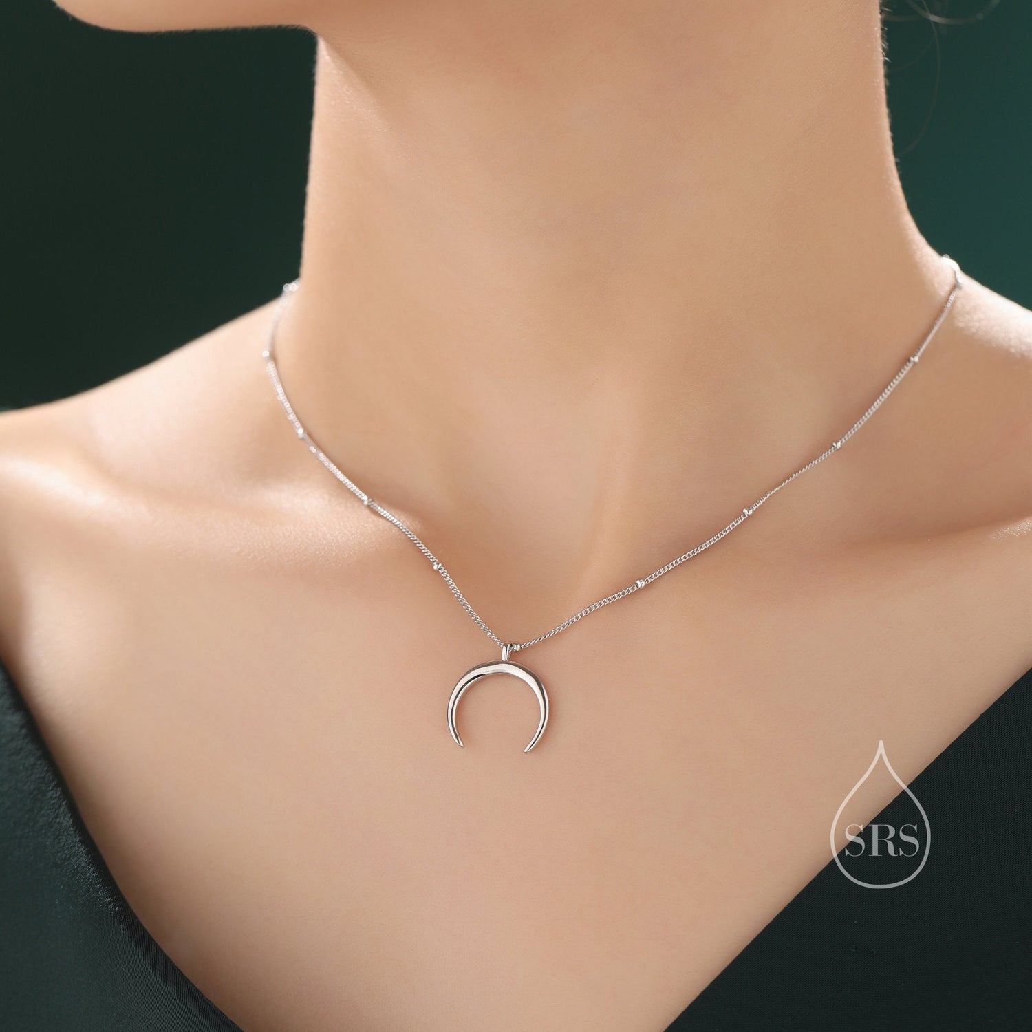 Crescent Moon Pendant Necklace in Sterling Silver with a Satellite Chain - New Moon Necklace - Gold or Silver - Whimsical Jewellery