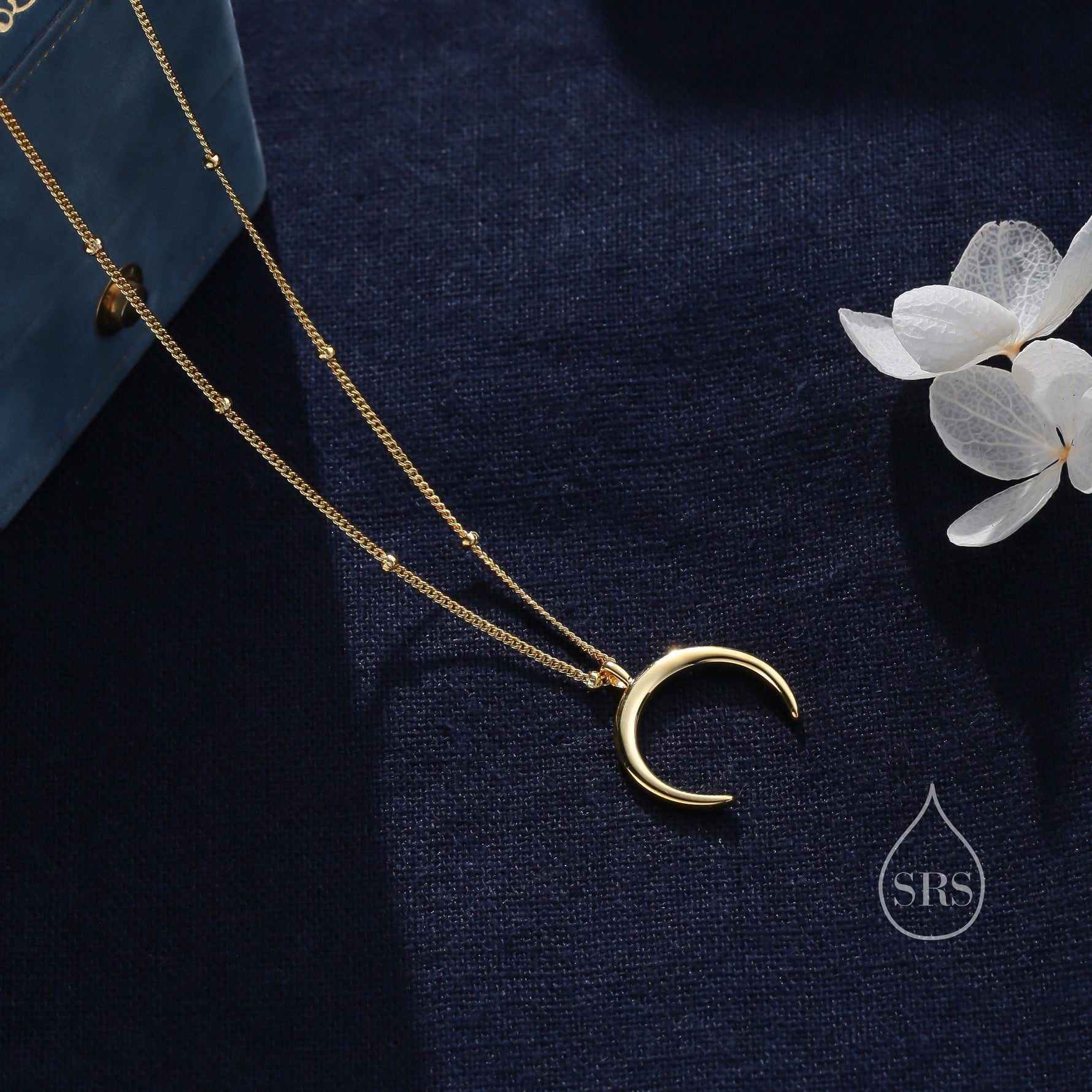 Crescent Moon Pendant Necklace in Sterling Silver with a Satellite Chain - New Moon Necklace - Gold or Silver - Whimsical Jewellery