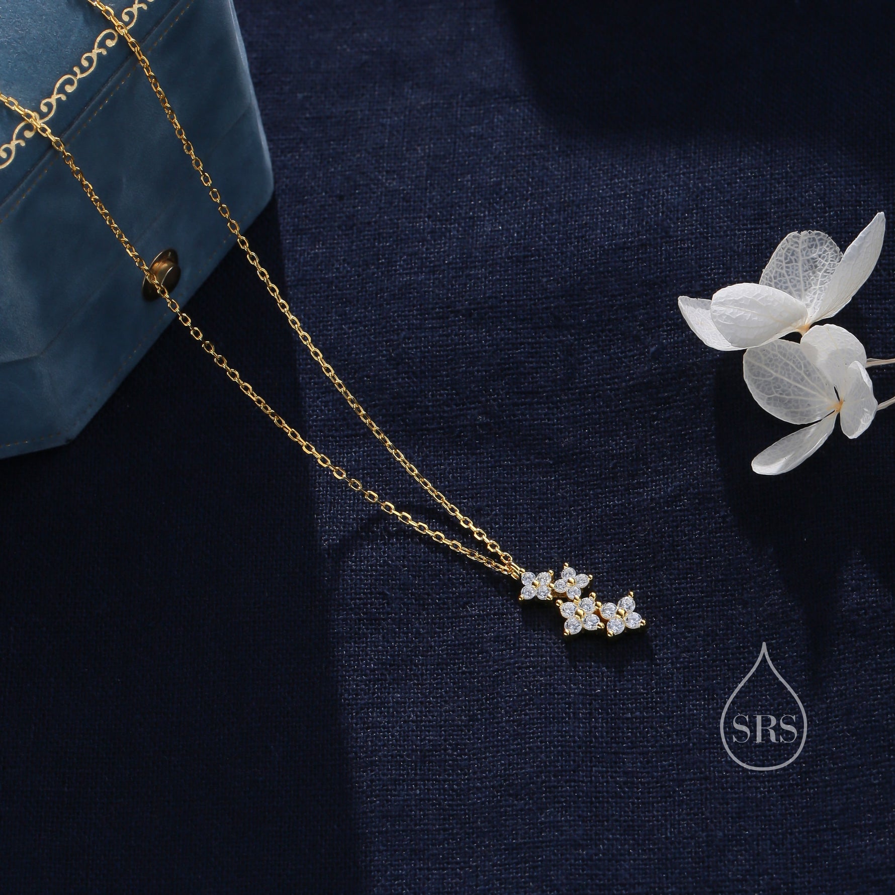 Delicate Hydrangea Bouquet CZ Necklace in Sterling Silver, Silver or Gold or Rose Gold, Tiny CZ Flower Necklace, Tiny CZ Necklace