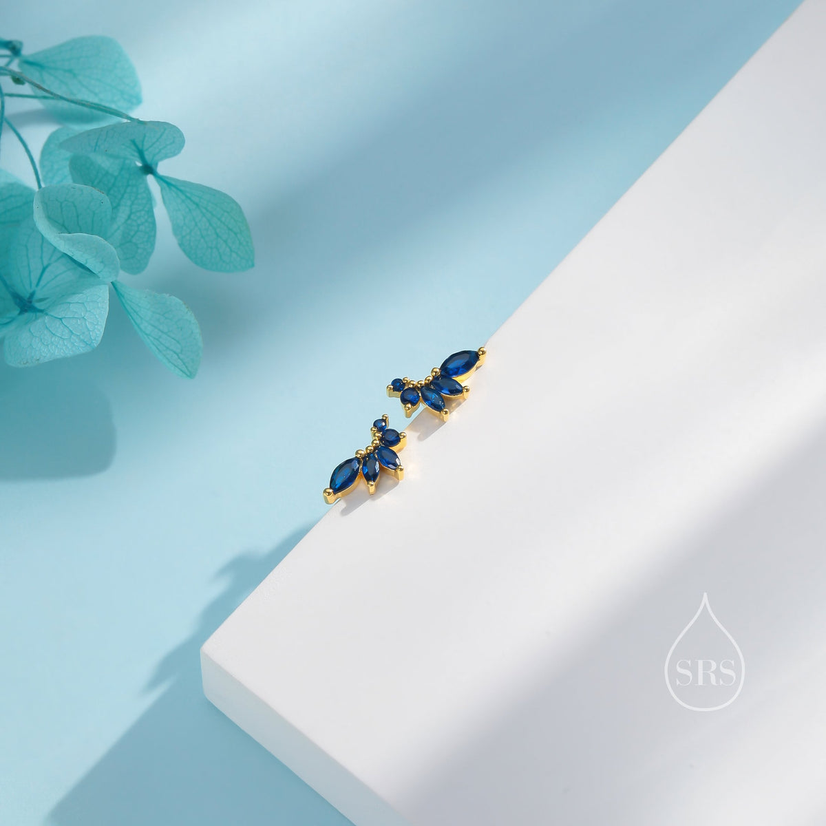 Sapphire Blue CZ Marquise Cluster Stud Earrings in Sterling Silver, Silver or Gold, Marquise Earrings, CZ Wing Earrings, Mini Crawler
