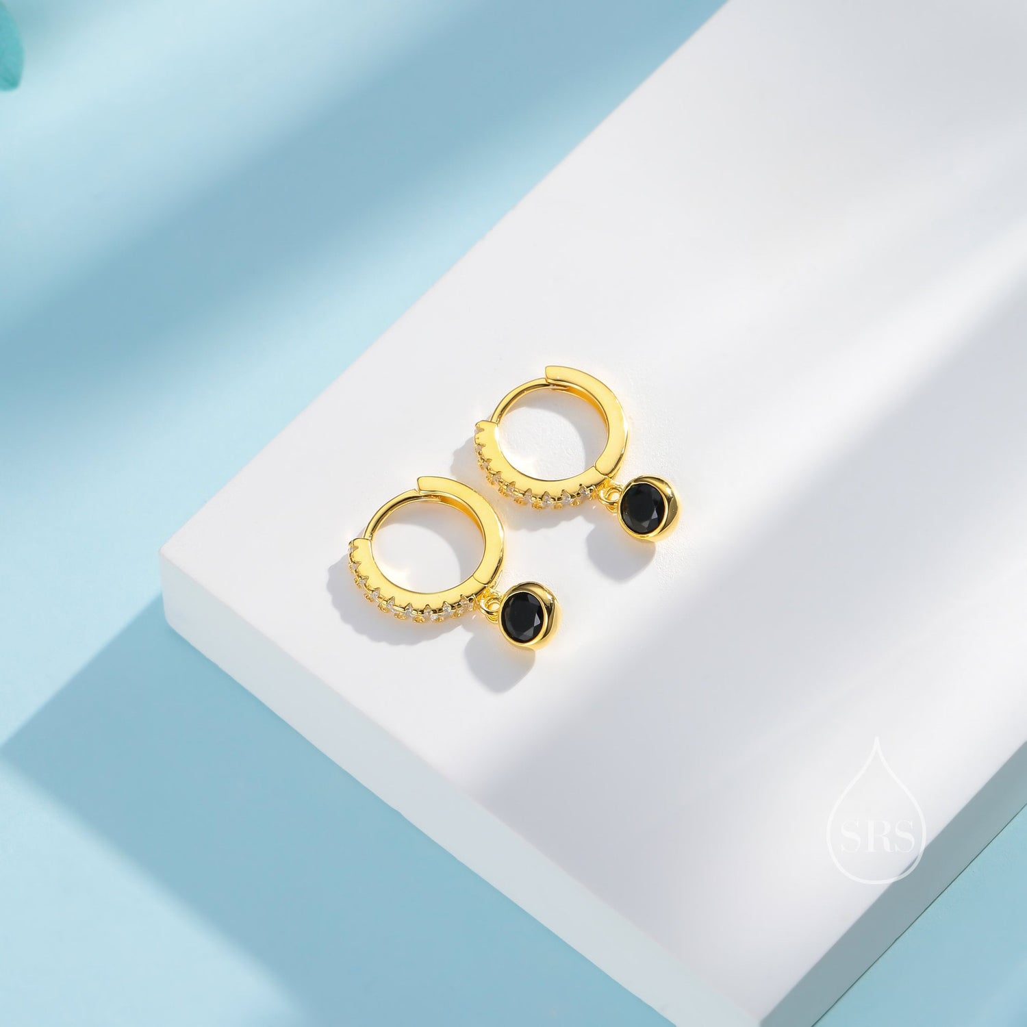 Tiny Black CZ Dangle Huggie Hoop in Sterling Silver, Silver or Gold, Skinny CZ Dangle Earrings, CZ Hoops