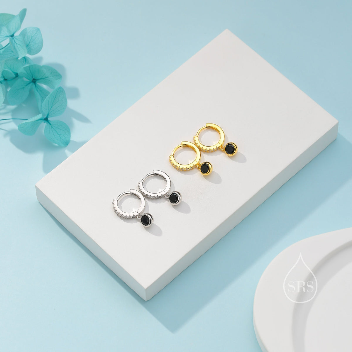 Tiny Black CZ Dangle Huggie Hoop in Sterling Silver, Silver or Gold, Skinny CZ Dangle Earrings, CZ Hoops