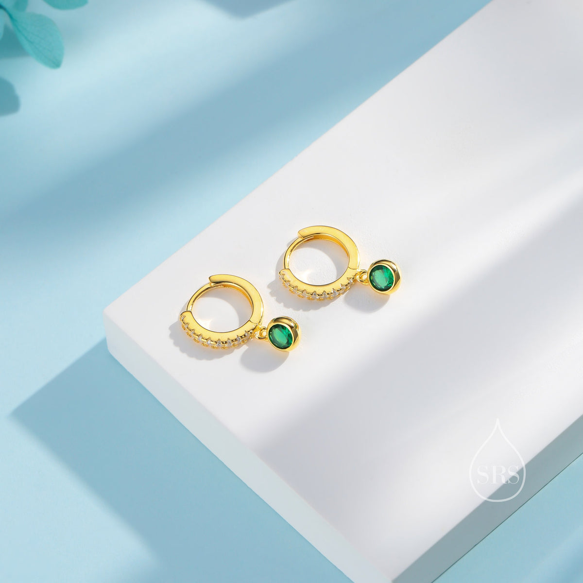 Tiny Emerald Green CZ Dangle Huggie Hoop in Sterling Silver, Silver or Gold, Skinny CZ Dangle Earrings, CZ Hoops