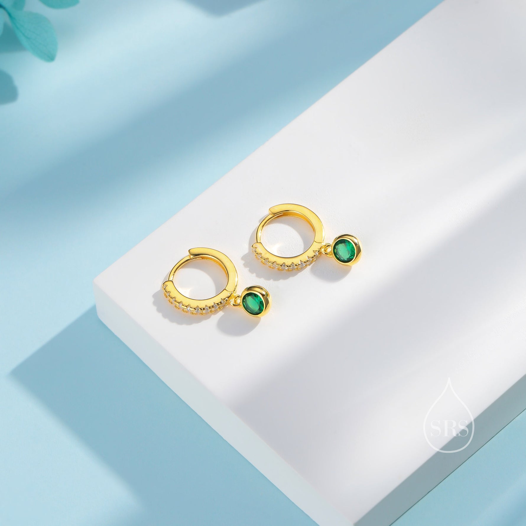 Tiny Emerald Green CZ Dangle Huggie Hoop in Sterling Silver, Silver or Gold, Skinny CZ Dangle Earrings, CZ Hoops