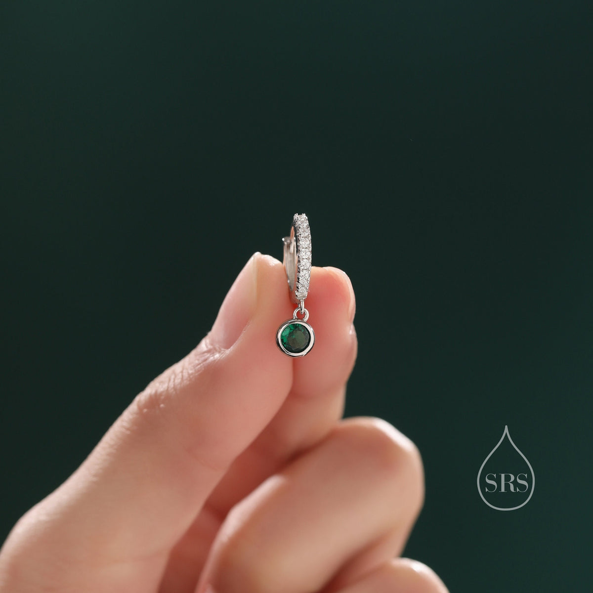 Tiny Emerald Green CZ Dangle Huggie Hoop in Sterling Silver, Silver or Gold, Skinny CZ Dangle Earrings, CZ Hoops