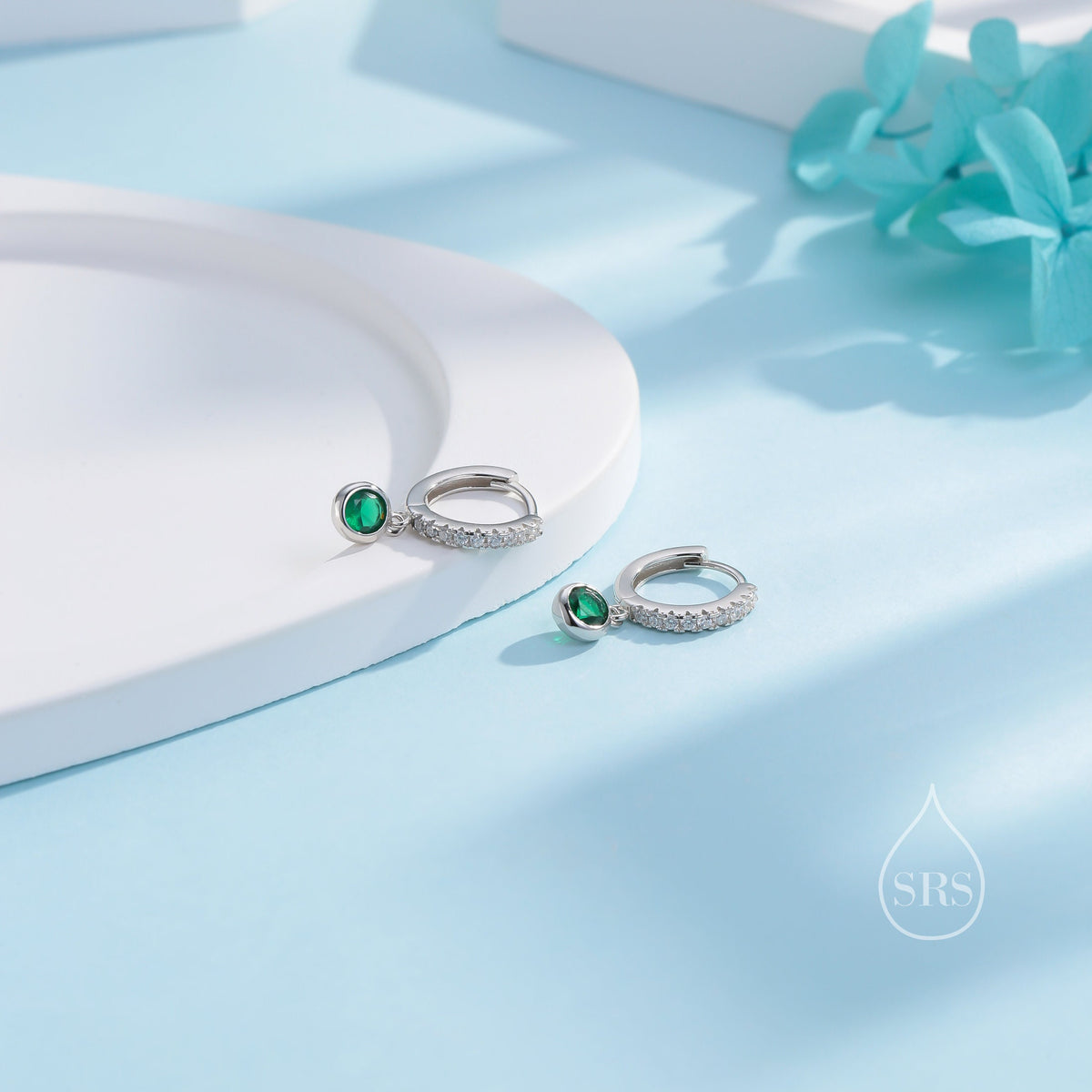 Tiny Emerald Green CZ Dangle Huggie Hoop in Sterling Silver, Silver or Gold, Skinny CZ Dangle Earrings, CZ Hoops