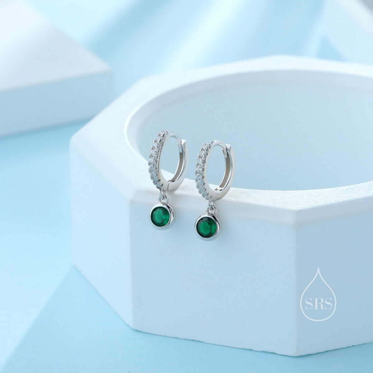 Tiny Emerald Green CZ Dangle Huggie Hoop in Sterling Silver, Silver or Gold, Skinny CZ Dangle Earrings, CZ Hoops