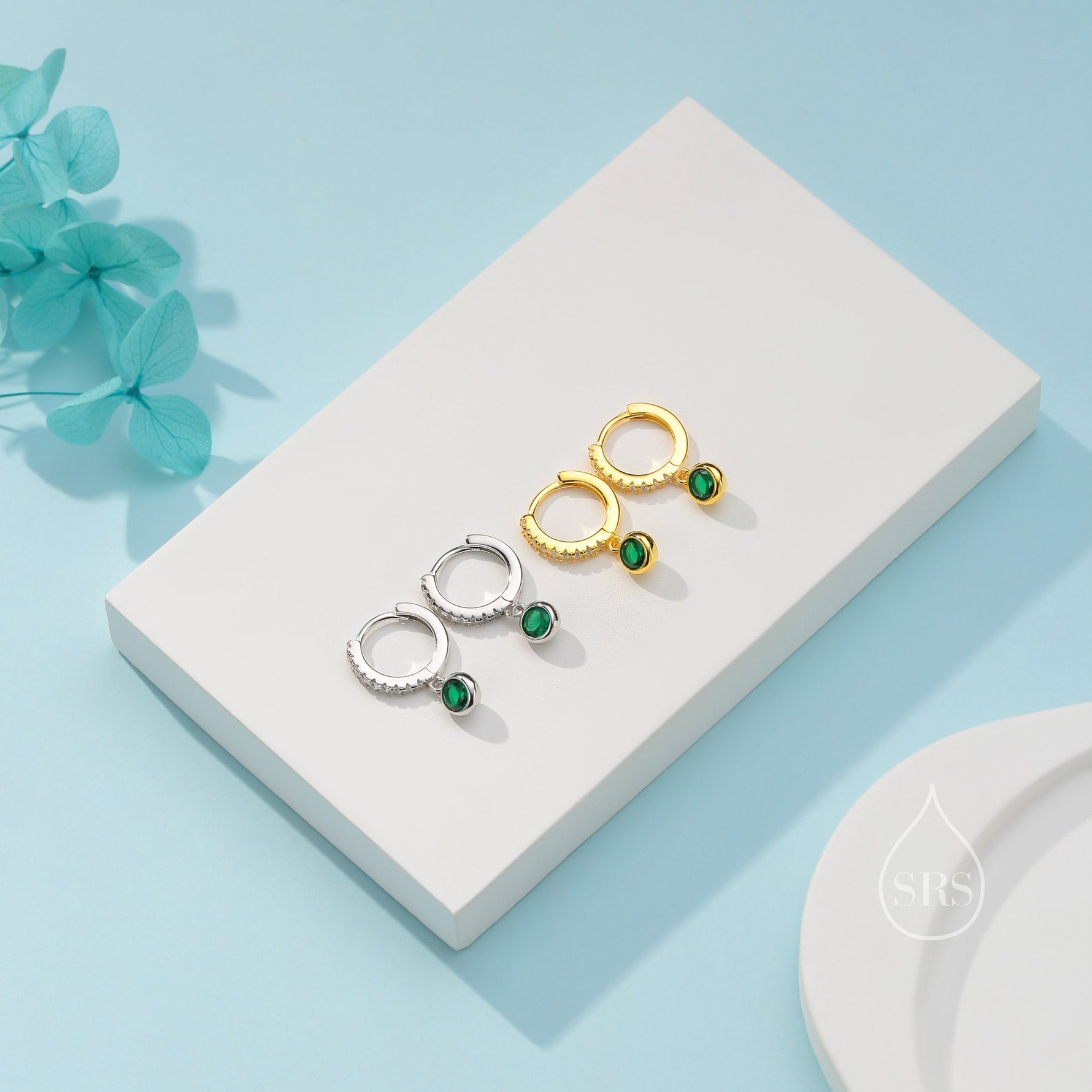 Tiny Emerald Green CZ Dangle Huggie Hoop in Sterling Silver, Silver or Gold, Skinny CZ Dangle Earrings, CZ Hoops