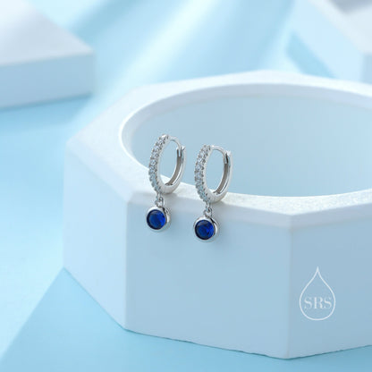 Sapphire Blue CZ Dangle Huggie Hoop in Sterling Silver, Silver or Gold, Skinny CZ Dangle Earrings, CZ Hoops