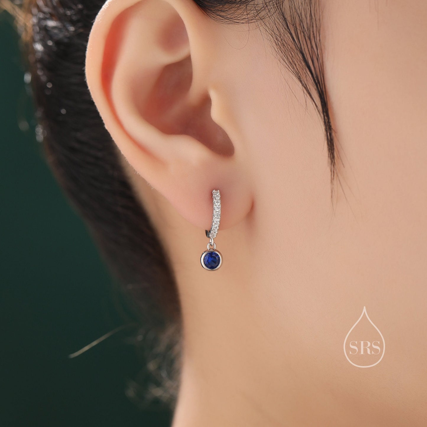 Sapphire Blue CZ Dangle Huggie Hoop in Sterling Silver, Silver or Gold, Skinny CZ Dangle Earrings, CZ Hoops