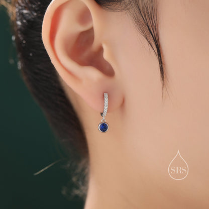 Sapphire Blue CZ Dangle Huggie Hoop in Sterling Silver, Silver or Gold, Skinny CZ Dangle Earrings, CZ Hoops