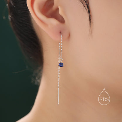 4mm Sapphire Blue CZ Threader Earrings in Sterling Silver, Silver or Gold or Rose Gold, Tiny Dot Crystal Ear Threaders, Prong Set CZ Earring