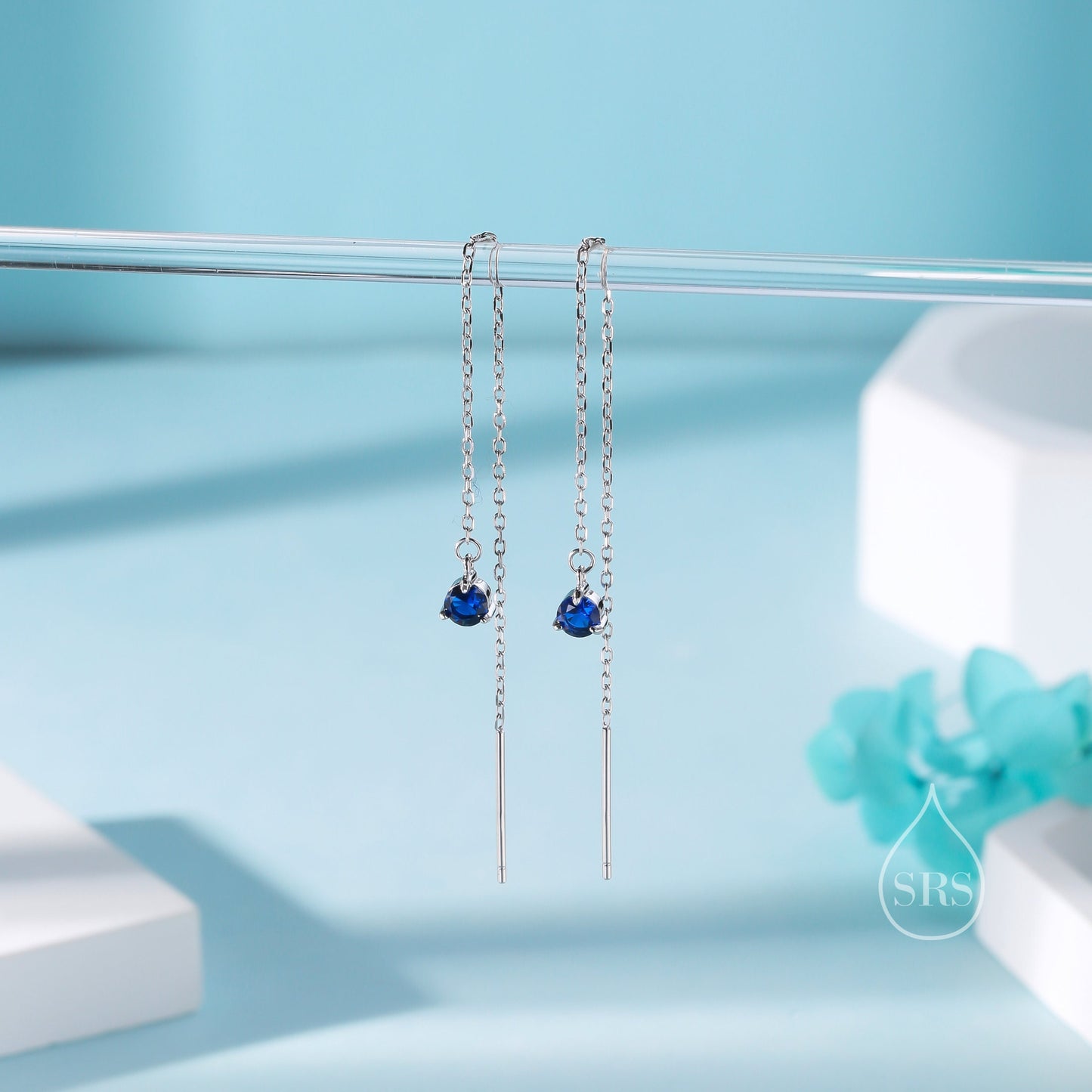 4mm Sapphire Blue CZ Threader Earrings in Sterling Silver, Silver or Gold or Rose Gold, Tiny Dot Crystal Ear Threaders, Prong Set CZ Earring