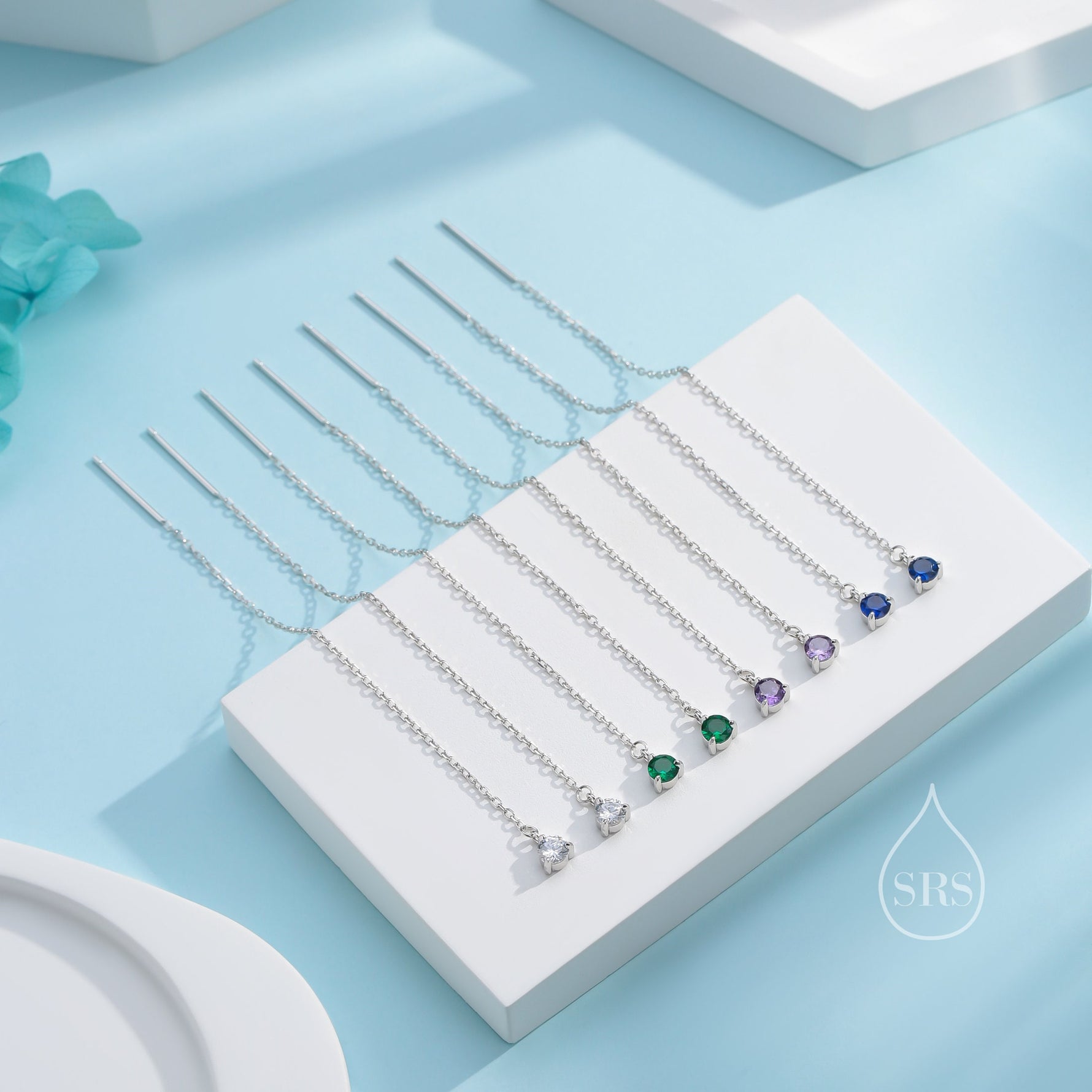 4mm CZ Threader Earrings in Sterling Silver, Silver or Gold or Rose Gold, Tiny Dot Crystal Ear Threaders, Prong Set CZ Earring