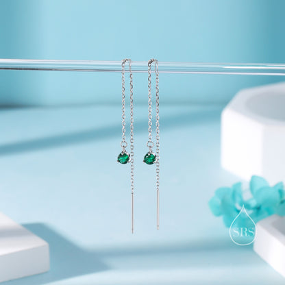 4mm Emerald Green CZ Threader Earrings in Sterling Silver, Silver or Gold or Rose Gold, Tiny Dot Crystal Ear Threaders, Prong Set CZ Earring