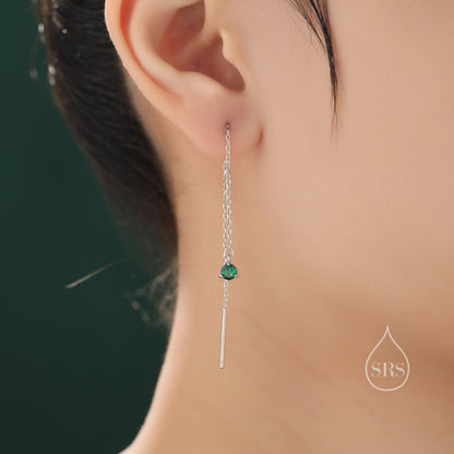 4mm Emerald Green CZ Threader Earrings in Sterling Silver, Silver or Gold or Rose Gold, Tiny Dot Crystal Ear Threaders, Prong Set CZ Earring