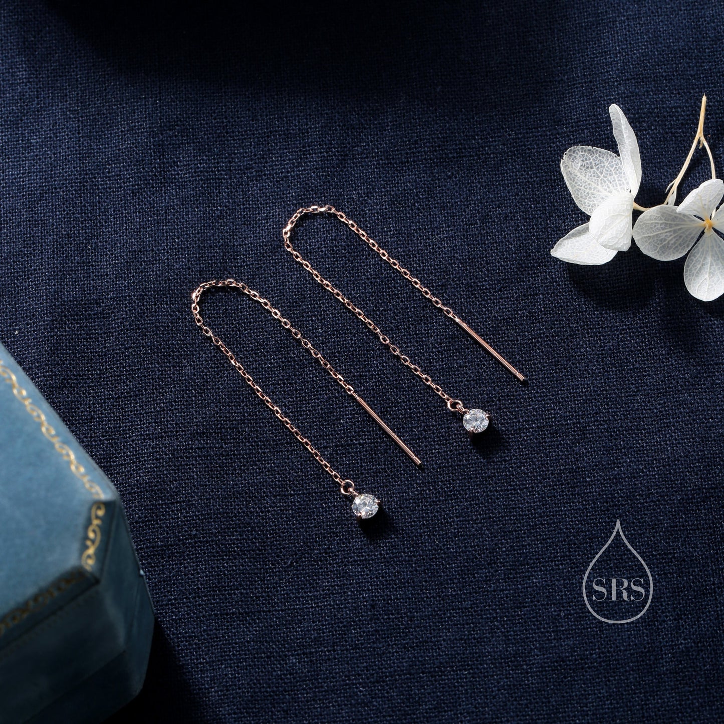 4mm CZ Threader Earrings in Sterling Silver, Silver or Gold or Rose Gold, Tiny Dot Crystal Ear Threaders, Prong Set CZ Earring