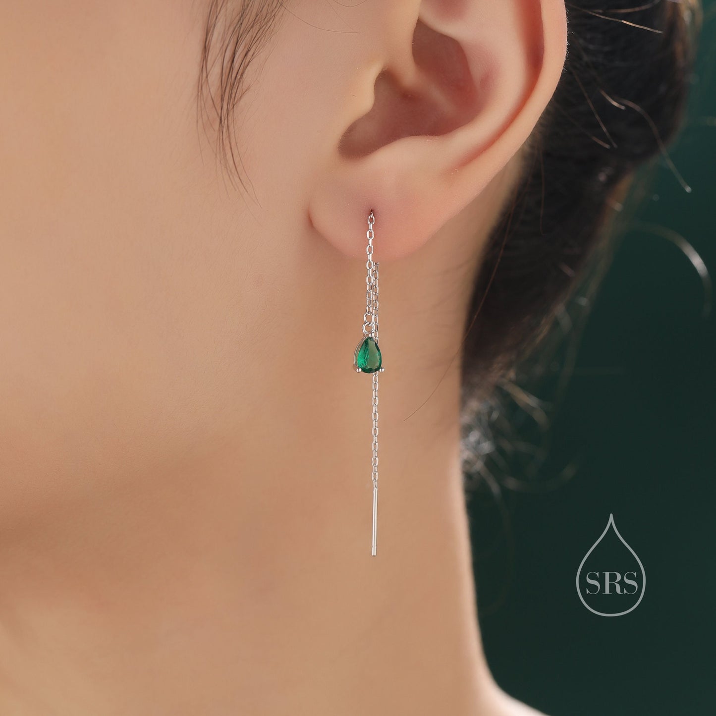 Emerald Green Droplet CZ Threader Earrings in Sterling Silver, Silver or Gold, Tiny Pear Shape Crystal Ear Threaders, Prong Set CZ Earring