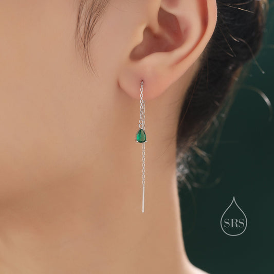 Emerald Green Droplet CZ Threader Earrings in Sterling Silver, Silver or Gold, Tiny Pear Shape Crystal Ear Threaders, Prong Set CZ Earring