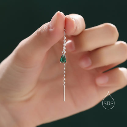 Emerald Green Droplet CZ Threader Earrings in Sterling Silver, Silver or Gold, Tiny Pear Shape Crystal Ear Threaders, Prong Set CZ Earring