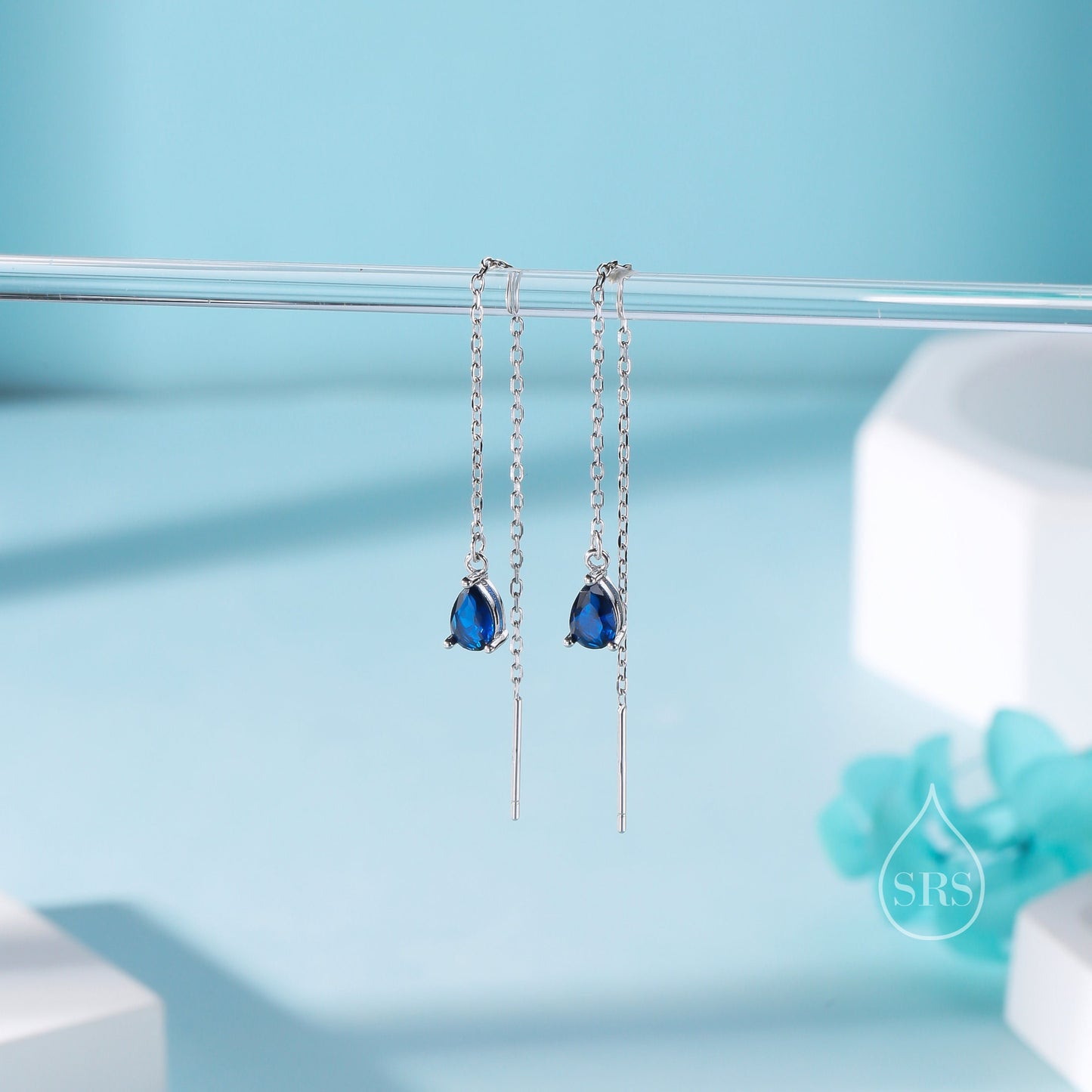 Sapphire Blue Droplet CZ Threader Earrings in Sterling Silver, Silver or Gold, Tiny Pear Shape Crystal Ear Threaders, Prong Set CZ Earring