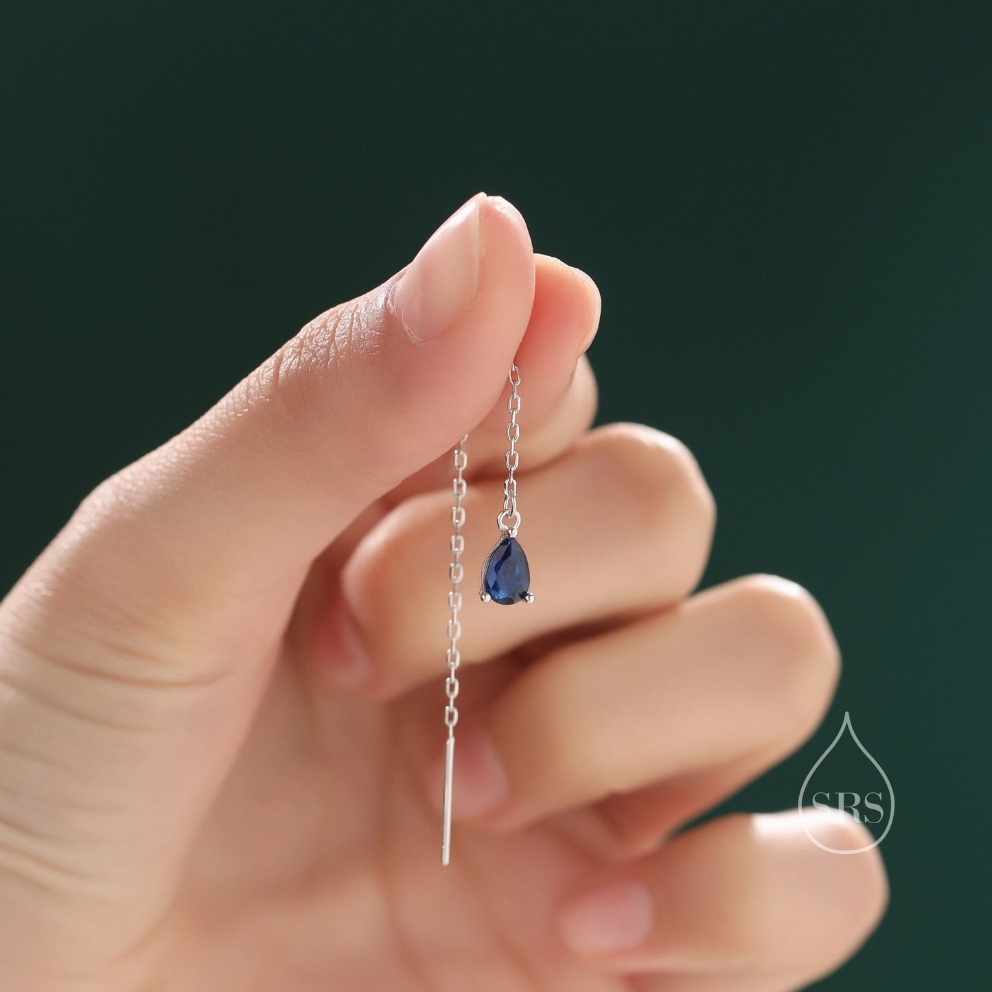 Sapphire Blue Droplet CZ Threader Earrings in Sterling Silver, Silver or Gold, Tiny Pear Shape Crystal Ear Threaders, Prong Set CZ Earring