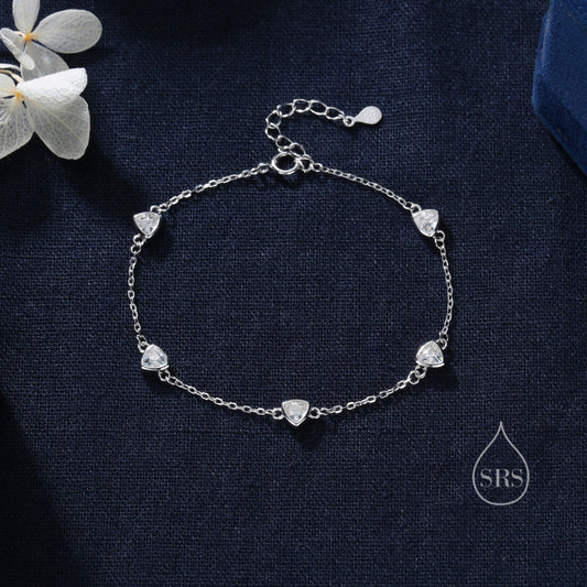 Sterling Silver Trillion Cut CZ Bezel Bracelet, Silver or Gold, CZ Satellite Bracelet, Tiny Delicate CZ Bracelet