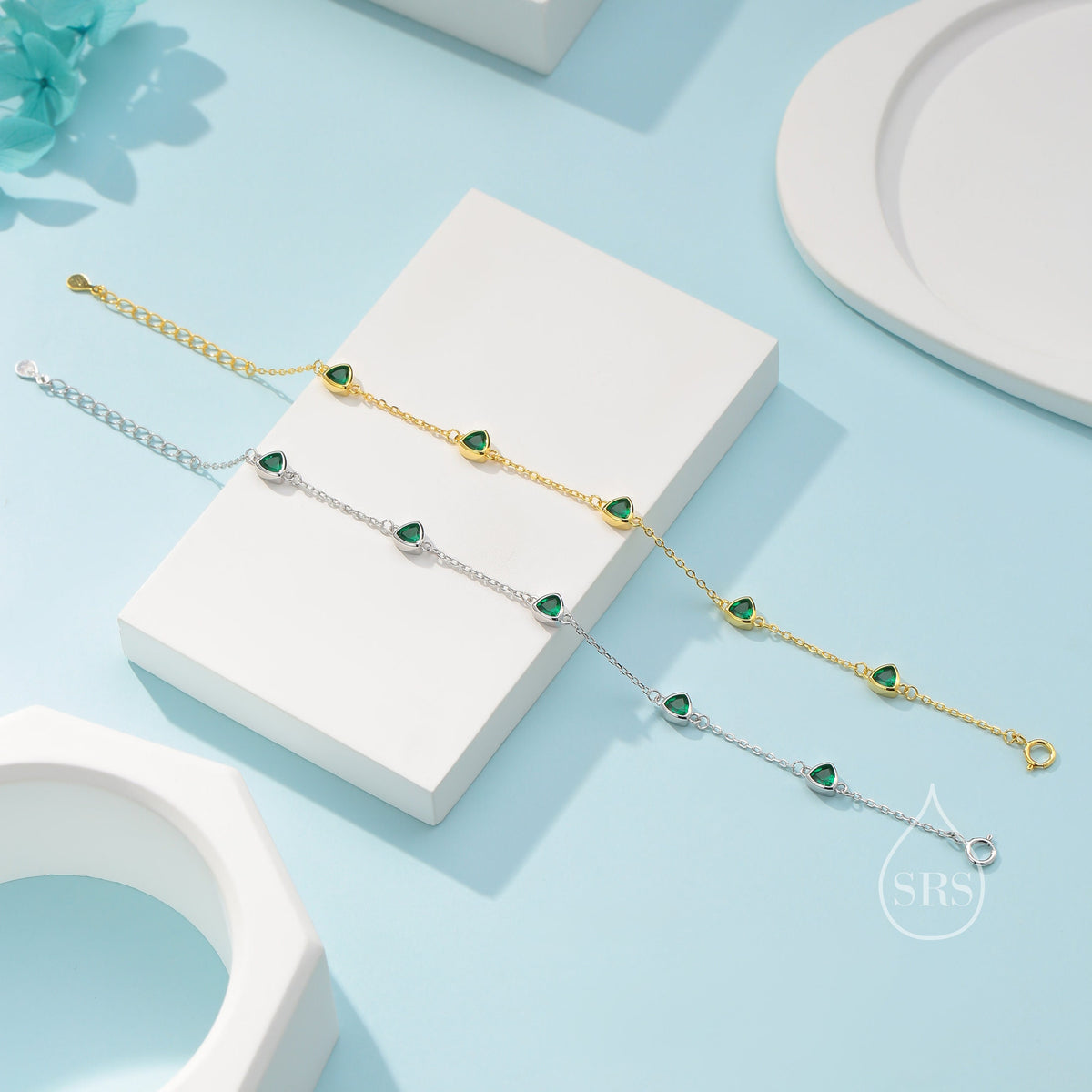 Sterling Silver Trillion Cut Emerald Green CZ Bezel Bracelet, Silver or Gold, CZ Satellite Bracelet, Tiny Delicate CZ Bracelet