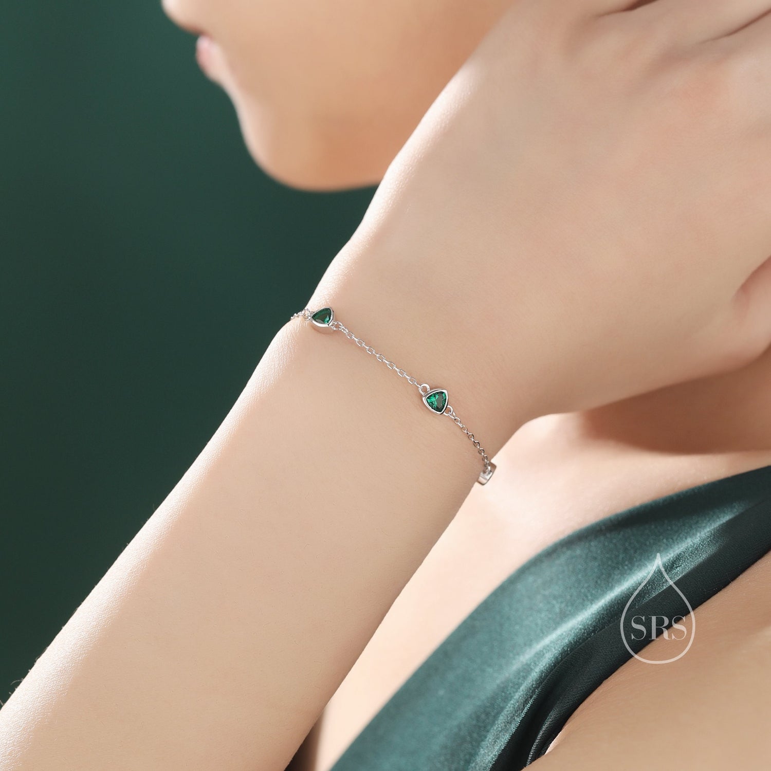 Sterling Silver Trillion Cut Emerald Green CZ Bezel Bracelet, Silver or Gold, CZ Satellite Bracelet, Tiny Delicate CZ Bracelet