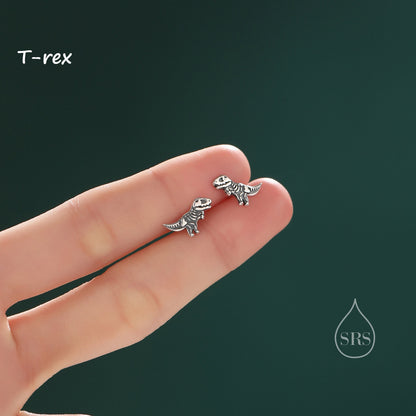 Oxidised Sterling Silver Dinosaur Fossil Stud Earrings, Oxidised Silver Finish Dino Stud, Quirky Dino Stud, Asymmetric Dinosaur Earrings,