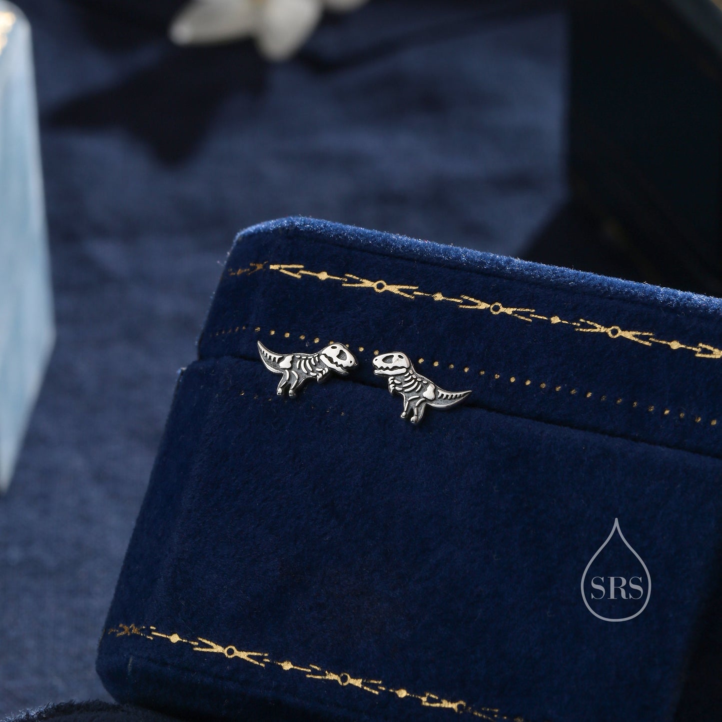 Oxidised Sterling Silver Dinosaur Fossil Stud Earrings, Oxidised Silver Finish Dino Stud, Quirky Dino Stud, Asymmetric Dinosaur Earrings,