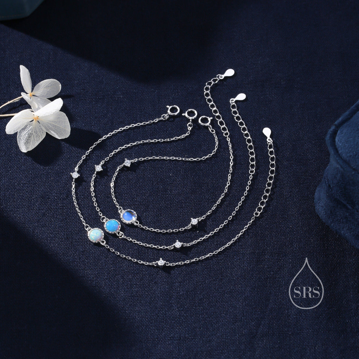 Delicate White Opal and CZ Bracelet in Sterling Silver, Simulated Fire Opal Bracelet, Silver Single Opal Bracelet with Satellite Chain