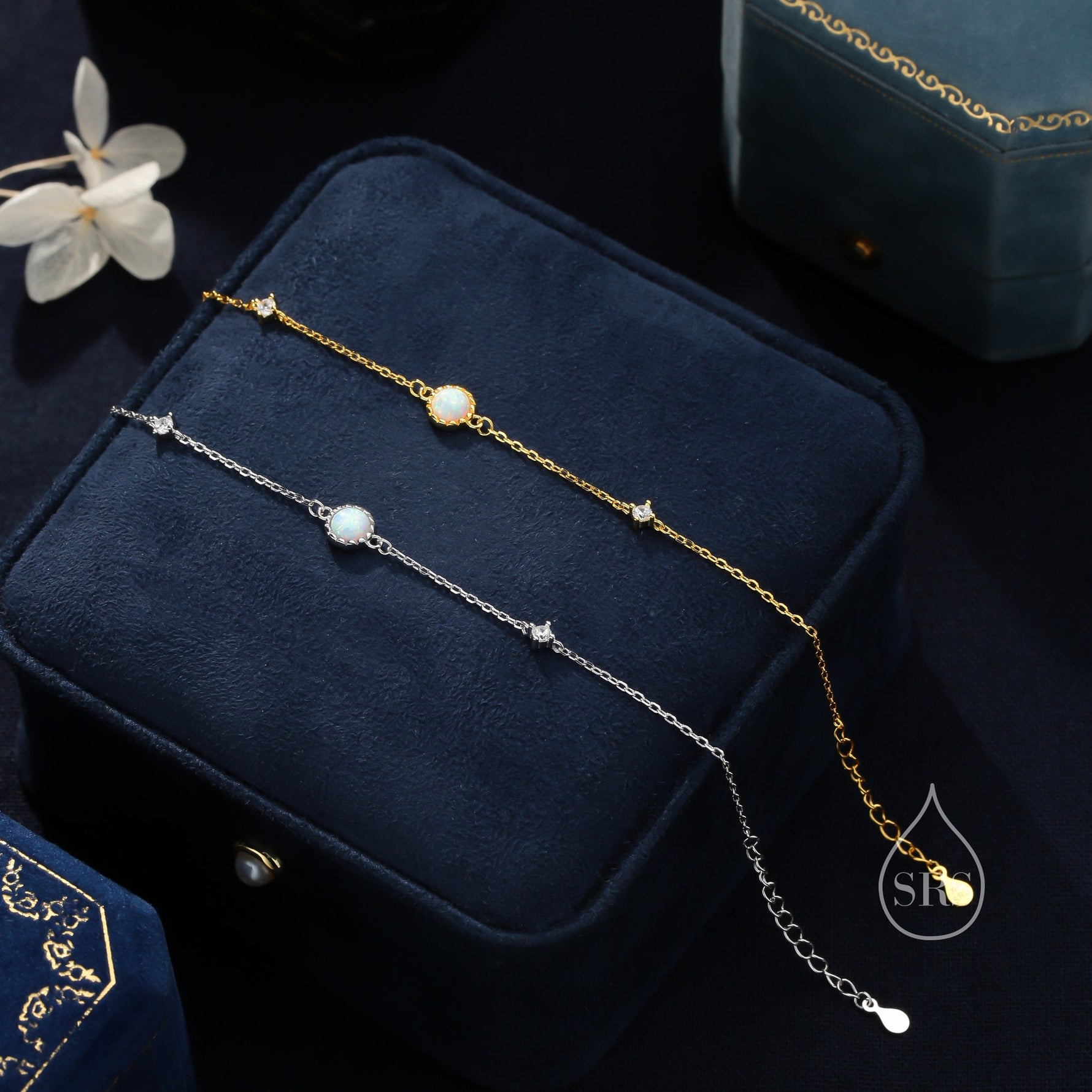 Delicate White Opal and CZ Bracelet in Sterling Silver, Simulated Fire Opal Bracelet, Silver Single Opal Bracelet with Satellite Chain