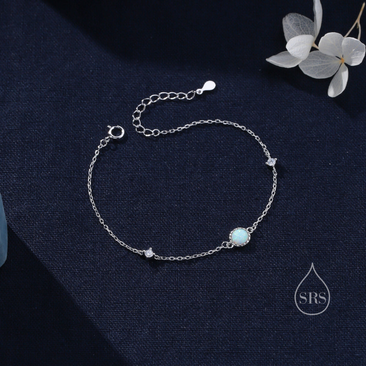 Delicate White Opal and CZ Bracelet in Sterling Silver, Simulated Fire Opal Bracelet, Silver Single Opal Bracelet with Satellite Chain